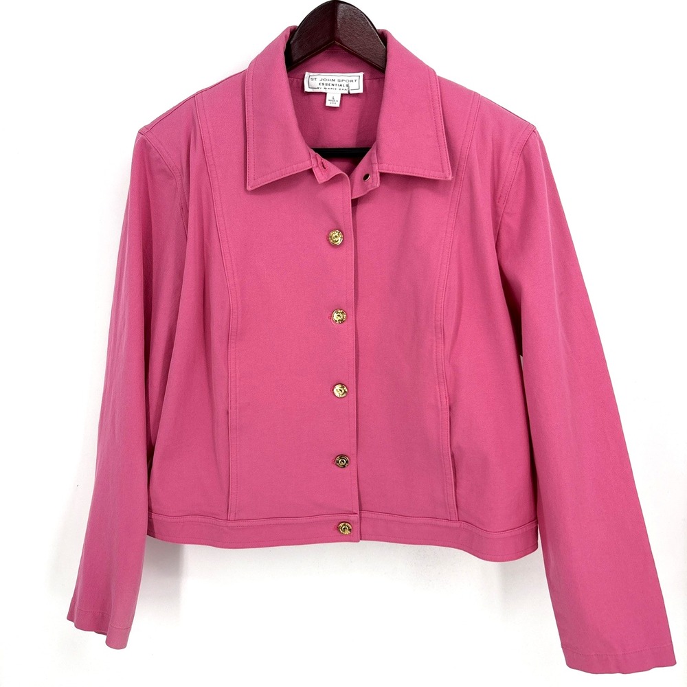 St John Sport Marie Gray Pink Button Up Jacket Gold Size Large Pockets
